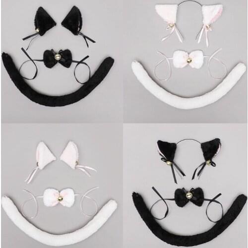 Lolita Cat Ears Hairpin Hair Hoop Plush Collar Tail Set Sweet Kawaii Bowknot Bells Gothic Cosplay Halloween Dress up