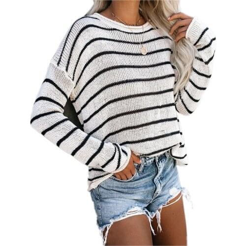 2020 autumn new knitwear sweater womens round neck striped color matching sweaters High street Casual en