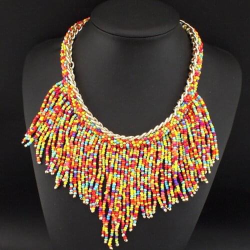 UKEN Bohemia Handmade Beaded Tassel Pendants Necklaces Women Resin Beads Chain Statement Chokers Collar Jewelry N3103