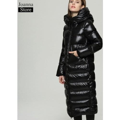 Winter 90% White Duck Down Jacket Women Thick Hooded Warm Long Down Jackets Plus Size Black Bright Puffer Office Ladies Red Coat