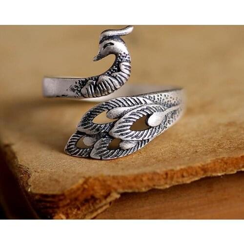 Retro Ancient Silver Peacock Ring Amulet Adjustable Opening Accessories Jewelry Lucky Carved Fashion Women Sweater Chain
