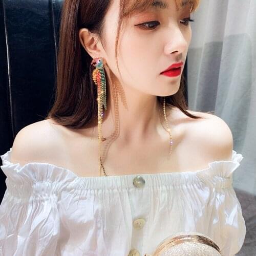 Luxury Exaggerate Crystal Parrot Asymmetry Dangle Earrings Fashion Shining Rhinestone Long Tassel Drop Earring jewelry for women