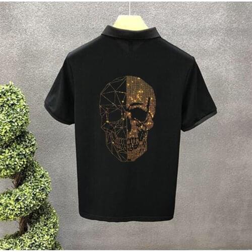 Suitable For Spring POLO Shirt Men Business Lapel Hot Drill Skull Short Sleeve High-Quality Personality Slim Tops Breathable 4XL