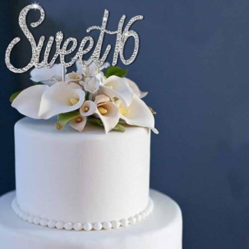 Rhinestones Sweet 16 Cake Topper boy girl 16th Birthday Party Anniversary table centerpieces Decoration favor Supply Gold silver