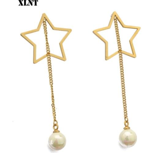 XLNT Pendientes Stainless Steel Korean Elegant Women Long Earring Baroque Pearl Charm Pendent Chain Tassel Earrings