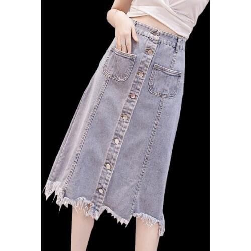Summer Spring Female Womens High Waisted Button Fly Tassel Denim Skirt , Pockets Tassel Irregular Long Jeans Skirts For Women