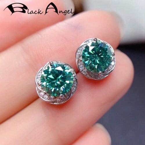 BLACK ANGEL 2020 New Fashion Created Green Moissanit Blue Gemstone Stud Earrings For Women 925 Silver Jewelry Wedding Gift
