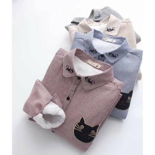 Women Winter Keep Warm Striped Blouses Long Sleeve Velvet Thick Lady Tops School Shirts Cat Embroidery Shirt Blusas Feminina