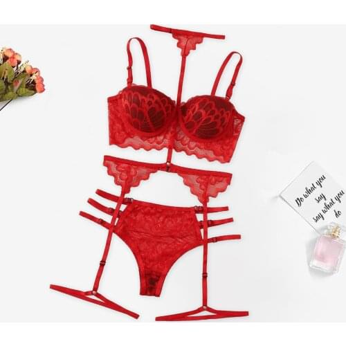 Women Sexy Red Floral Lace Lingerie Set Petal Embroidery Padded Bra Garter G-string Thong Suit Temptation Underwear Sleepwear
