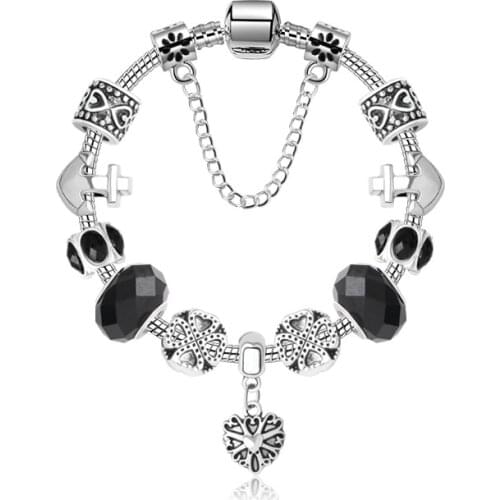 Silver Color Snake Chain Bracelet DIY Fashion Heart Women Bracelets with Black Glass Beads