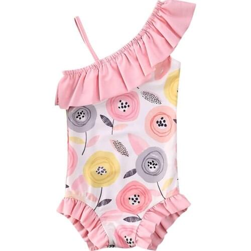 2020 Fashion Kids Baby Girl One Shoulder Flowers Swimwear Summer Swimsuit Outfit One Piece Swimwear Holiday Beach Clothes