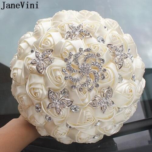 JaneVini Elegant Ivory Satin Rose Bridesmaid Bouquets Beaded Artificial Bridal Flowers Bouquet Fleur Mariage Wedding Accessories