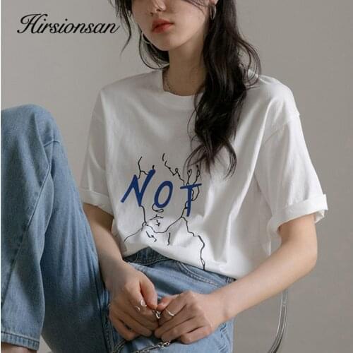 Hirsionsan Black White Character Painting T Shirt Women Letter Prited 100% Cotton Tees Harajuku Fashion Girl Summer Tops 2021