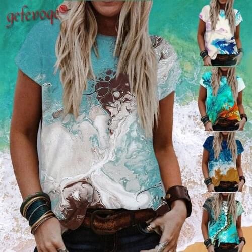 2021 Summer Women Casual Round Neck Short Sleeve Tops Watercolor PrintingTees Harajuku Plus Size Loose Tshirts
