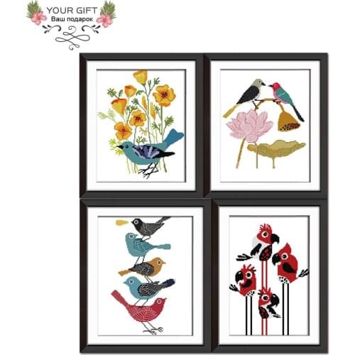 Joy Sunday DA013DA014DA015DA016 Blue Bird Birds On Lotus Stacked Birds Parrot Abstract Painting Home Decor Cross Stitch kits