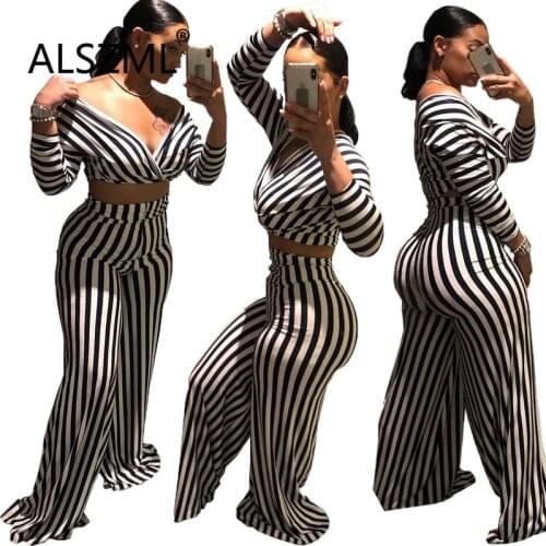 Deep V Neck Long Sleeve Stripe Crop Top And Leggings 2 Pieces Set Sexy Tight Club Party Lady Fashion Outfits
