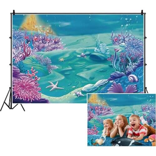 Laeacco Castle Mermaid Birthday Party Fish Underwater Coral Starfish Custom Poster Baby Photo Background Photography Backdrops