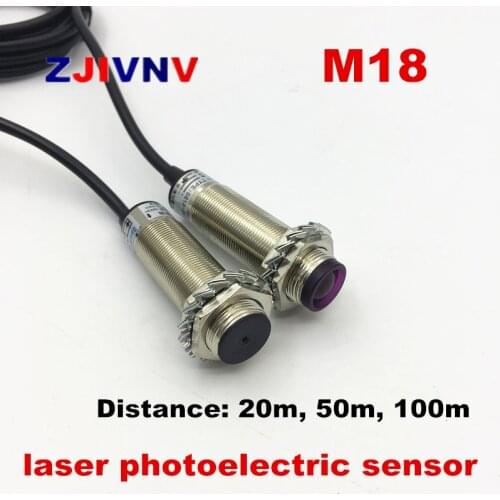 M18 Laser photoelectric sensor visible red light on the laser beam to the NPN PNP NO measure distance 20m 50m 100m normally open