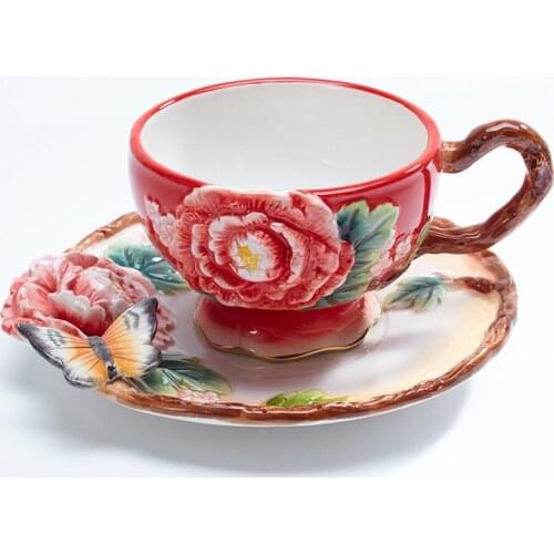 Chinese Style Tea Cup Set Flower Ornaments Tray Creative Ceramic Cup Coffee Mug Red Vintage Tazas De Cafe Drinkware EB5BD
