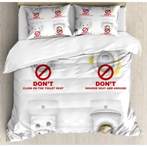 Bathroom Rules Duvet Cover Set Toilet Bowls with Warning and Inscriptions 3 Piece Bedding Set Vermilion Mustard