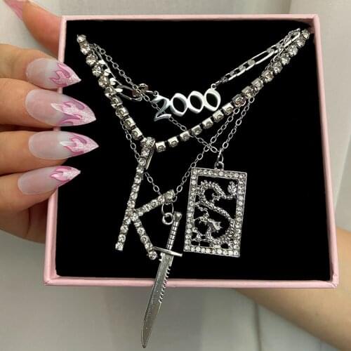 Flatfoosie Punk Silver Color Crystal Dragon Letter Pendant Necklace For Women Multilayer Year Number Long Chain Necklace Jewelry