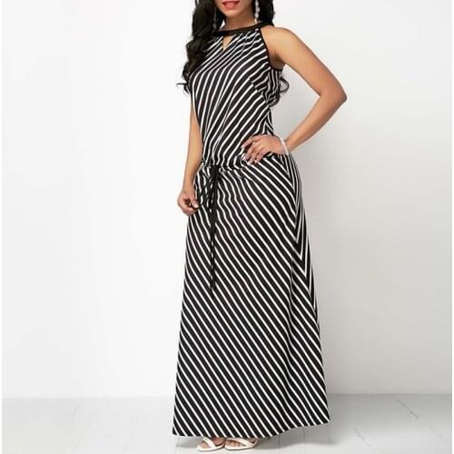 Stripe Dress Women Fashion Summer Casual Sleeveless Round Neck Black Stripe Loose Plus Size Female Long Dress Costume