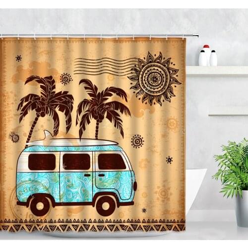 Retro Travel Bus Surfboard Tropical Palm Trees Scenery Vintage Background Decor Bathroom Curtains Modern Home Shower Curtain Set