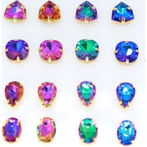 12p flame color Flatback sewing glass stone sew on rhinestone Jewels Gold plated button crystal beads DIY clothing accessories