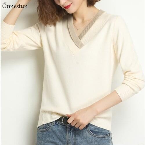 V Neck Sweaters Korean Fashion Pullovers Autumn Winter Pull Femme Women Clothing Long Sleeve Top Solid Sweater Women