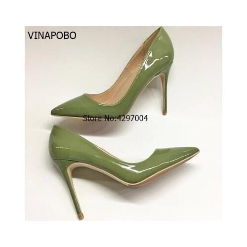 Vinapobo Sexy Shiny/Patent Leather High Heels green Pointed toe Pumps Shoes Party Shoes Women Stiletto High heel Pump 12cm 10cm