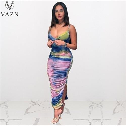 VAZN 2021 Long Dresses Arrival Summer Boho Pleated Chic Ladies Slim Print Maxi Dress Casual Sundress