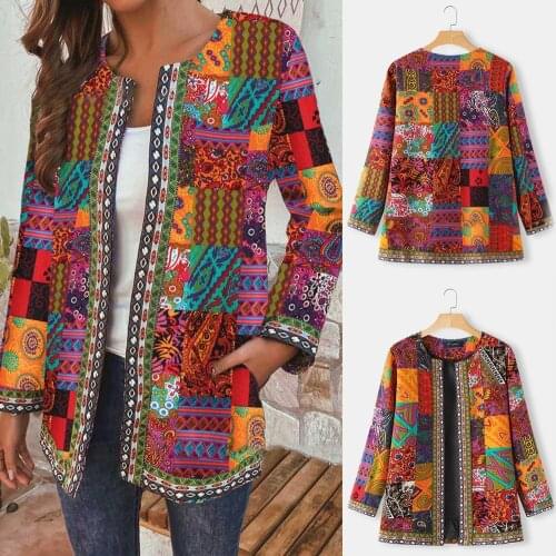Vintage Jacket Coat Women Fashion Ethnic Floral Printed Cardigan Long Sleeve Loose Open Stitch Overcoat Female Elegant Outerwear