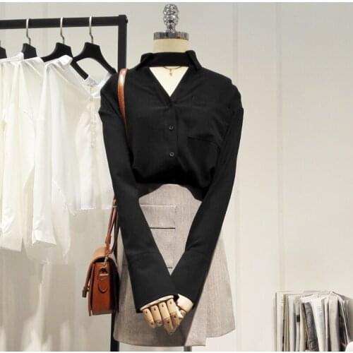 Vintage Chiffon Women Blouse and Shirts 2021 Summer New Black V-neck Sexy Loose Office Lady Elegant Outwear Shirts Tops