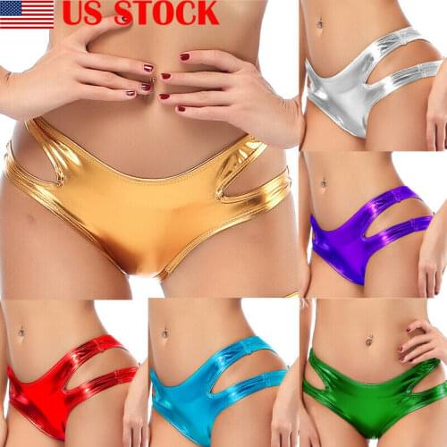 Womens Sexy Two Sides Hollow Out Leather Brief Underwear Solid Color Low Rise Panties Briefs Bikini Knickers Black Red Silver