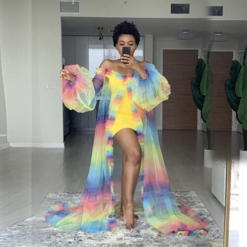 PhotoShoot Tulle Robes Women Cheap Transparent Long African Prom Gowns Flare Sleeves Cape Latest