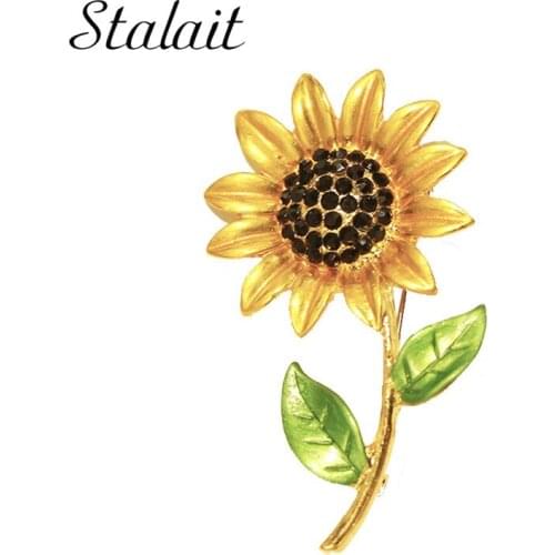 Gold Sun Flower Brooches Black Rhinestone Female Silk Scarf Leaf Buckle Oil Leaf Brooch Clothing Accessories Wholesale Jewelry