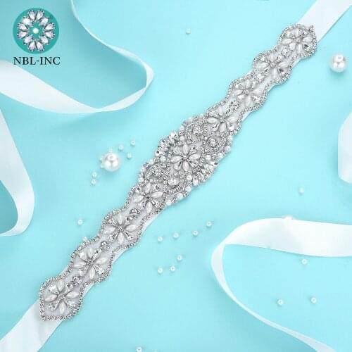 1PC) Silver bridal crystal rhinestone applique belt with satin ribbon for wedding dress WDD1046