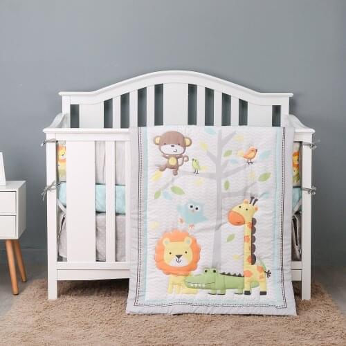 3Pcs Forest Animal Baby Bedding Set For Boy Girl Cotton Infant Crib Sets Baby Bed Linens (Baby Quilt, Fitted Sheet, Bed Skirt)