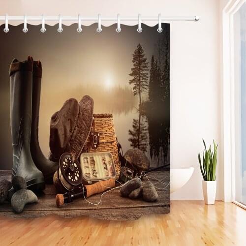 72'' Bathroom Waterproof Fabric Shower Curtain Polyester 12 Hooks Bath Accessory Sets Fishing Equipment On Deck With Misty Lake