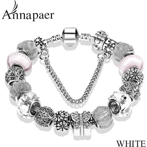 New Fashion Jewelry Silver Color Butterfly Charms Bracelets & Bangles Crystal Beads Fit Bracelet For Girl Gifts B15287
