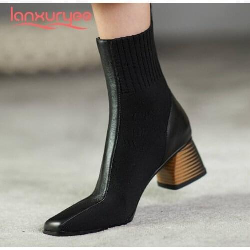 Lanxuryee sock boots natural leather knitting patchwork mixed colors square toe thick med heel slip on superstar ankle boots L19