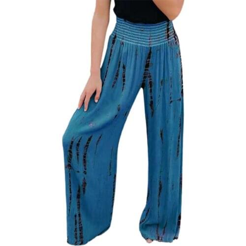 Summer Fashion High Waist Pants Full Length Elastic Waist Print Trousers Wide Leg Straight Women Trousers for Daily Wear 2021New