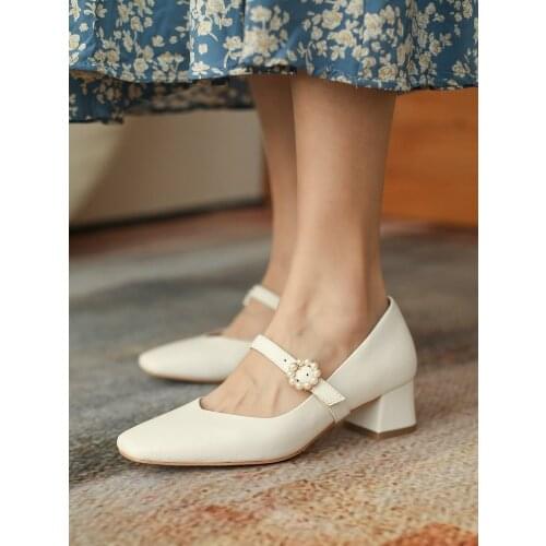 EshtonShero Womens High Heels Sexy Bride Party Med Heel Mary Janes Shallow String Bead Shoes Summer Women Shoes Size 3-8