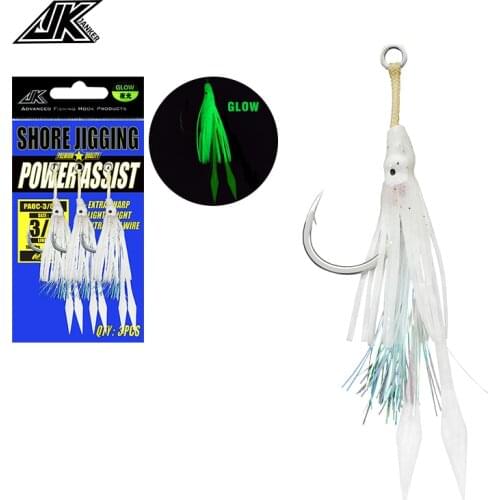 JK PAOC Power Assistent 1/0 3/0 5/0 Skirt Squid Hook Glow Natural Rubber Kevlar Fish Lure Hooks Jig Saltwater Fishing Fishhooks