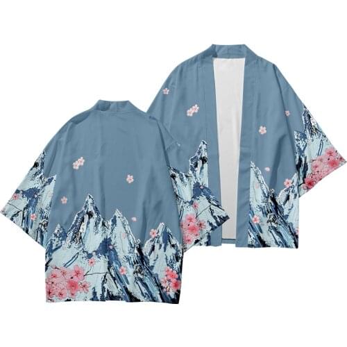 Summer Snow Mountain Printed Japanese Style Samurai Kimono Pants Suit Streetwear Men Women Cardigan Japan Harajuku Clothes