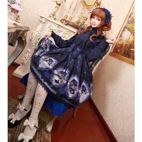Loli cos gothic lolita jsk japanese sweet lolita dress retro lace bowknot cute printing victorian dress kawaii girl gothic dress