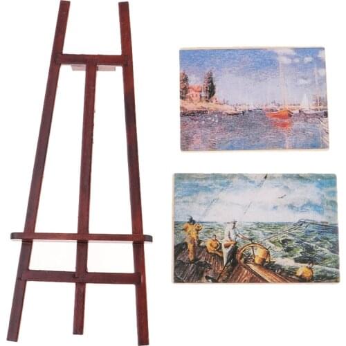 DOLL HOUSE MINIATURE ARTIST EASEL DISPLAY HOLDER W/ 2 PAINTINGS 1/12 SCALE