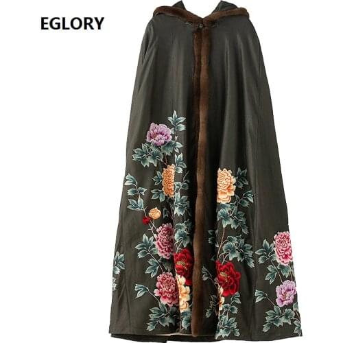 Cape Poncho Coats 2020 Winter Long Parkas Women Hooded Luxurious Embroidery Flower Patterns Casual Parka Coat Outerwear Female