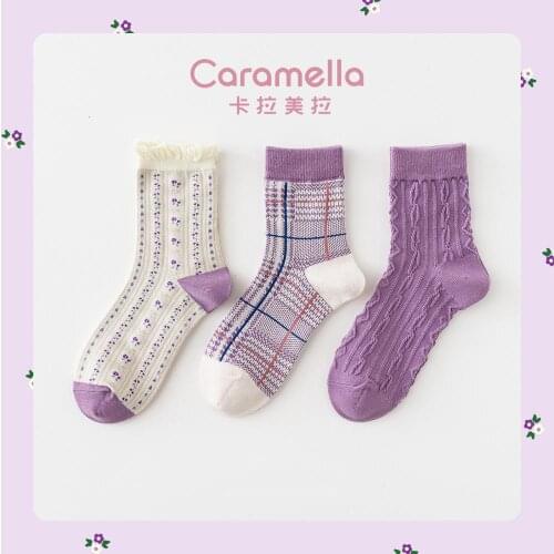 2020 Caramella Flower Women Socks 3pairs/lot Winter Autumn New Gride Socks Funny Cotton Short Socks Purple Mid Crew Female Socks