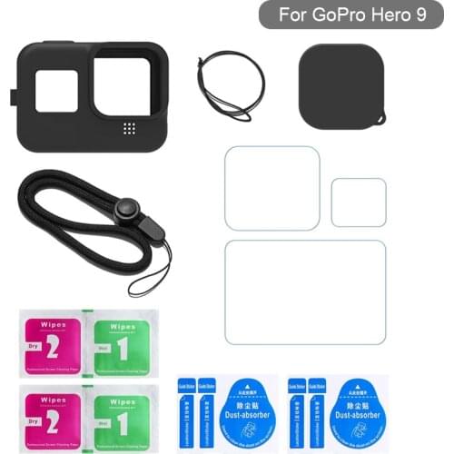 Silicone Case for GoPro Hero 9 Black Tempered Glass Screen Protector Protective Film Lens Cap Cover for Go Pro 9 Accessories